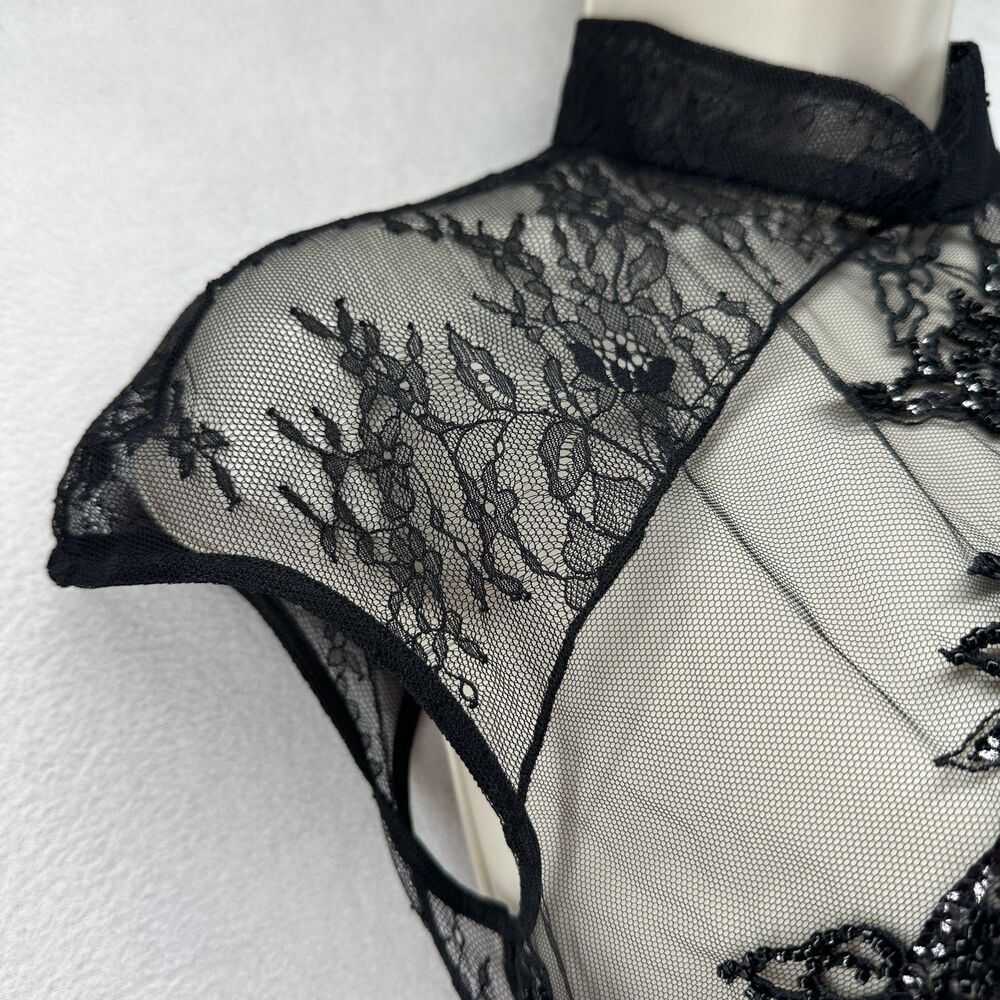 Kim Shui Beaded Dragon Lace Top Size M Black Sheer Mesh Y2K Style Open Back Tie - Picture 9 of 16
